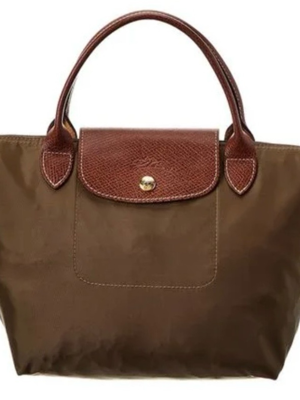 Longchamp Brown Nylon Tote with Chestnut Leather Trim and Gold Snap